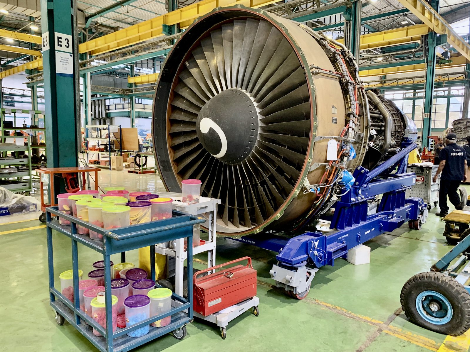 Turbofan engine opened for inspection in a maintenance hangar